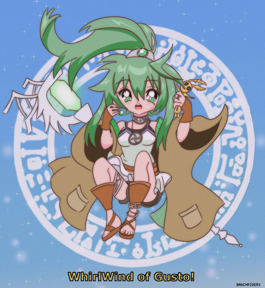 1girl 90s absurdres breasts duel_monster green_eyes green_hair highres jewelry looking_at_viewer open_mouth ponytail solo winda_priestess_of_gusto yu-gi-oh!