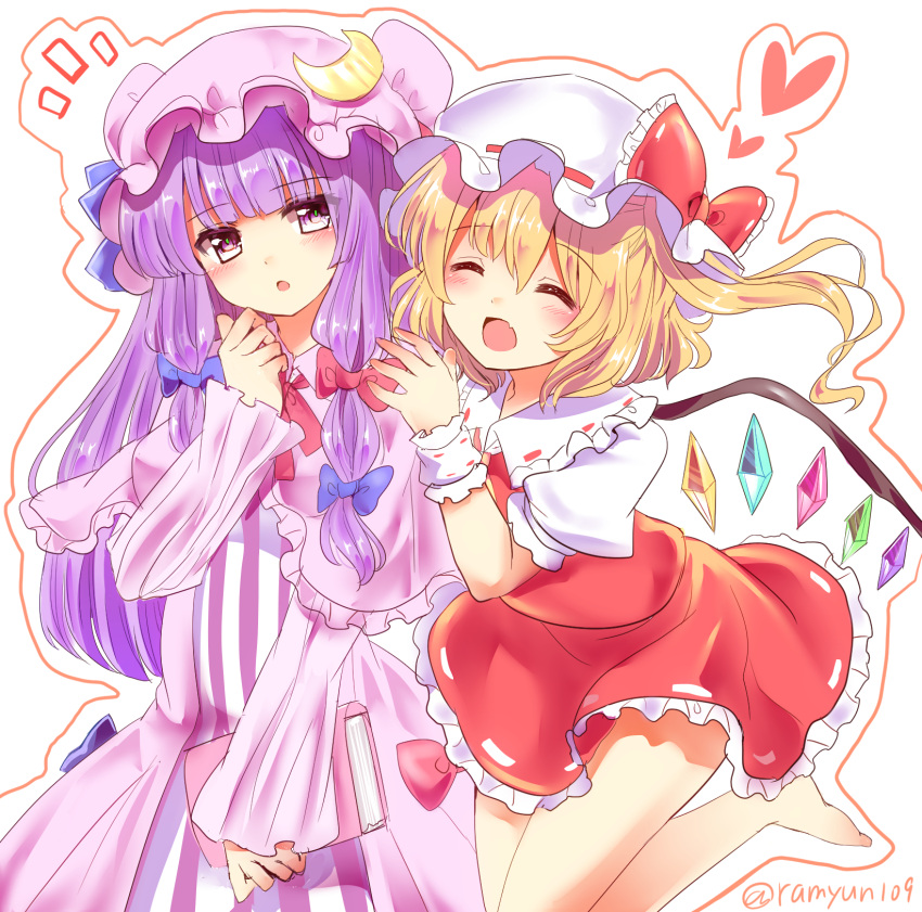 2girls :o ^_^ artist_name ascot barefoot bent_knees blonde_hair blue_bow blush book bow capelet closed_eyes commentary_request cowboy_shot crescent crescent_hair_ornament crystal dress eyebrows_visible_through_hair fang flandre_scarlet frilled_bow frilled_capelet frilled_shirt_collar frills hair_between_eyes hair_bow hair_ornament hand_up hat hat_bow heart highres holding holding_book long_hair long_sleeves looking_at_another mob_cap multiple_girls neck_ribbon open_mouth orange_border parted_lips patchouli_knowledge petticoat puffy_short_sleeves puffy_sleeves purple_capelet purple_dress purple_hair purple_hat ramudia_(lamyun) red_bow red_neckwear red_ribbon red_skirt red_vest ribbon short_hair short_sleeves side_ponytail sidelocks simple_background skirt standing striped touhou twitter_username vertical-striped_dress vertical_stripes vest violet_eyes white_background white_hat wings wrist_cuffs yellow_neckwear yuri