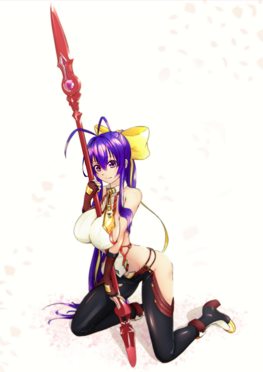 1girl antenna_hair bare_shoulders between_breasts blazblue boots breasts eyebrows_visible_through_hair fingerless_gloves full_body genderswap genderswap_(mtf) gloves hair_between_eyes hair_ribbon highres holding holding_spear holding_weapon kneeling large_breasts long_hair looking_at_viewer mai_natsume pink_eyes polearm purple_hair ribbon sideboob sidelocks sleeveless solo spear very_long_hair weapon