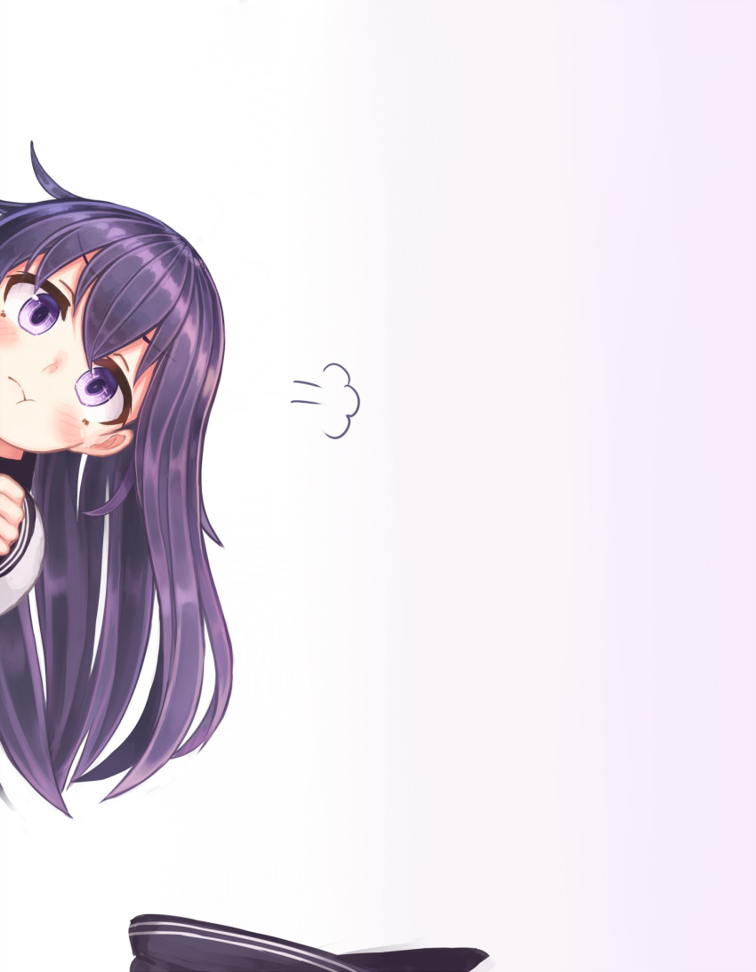 1girl :t akatsuki_(kantai_collection) bangs black_hat blush closed_mouth eyebrows_visible_through_hair fume gradient gradient_background hat hat_removed headwear_removed highres kantai_collection long_hair long_sleeves peeking_out pout purple_background purple_hair reitou_mikan shiny shiny_hair solo straight_hair v-shaped_eyebrows violet_eyes