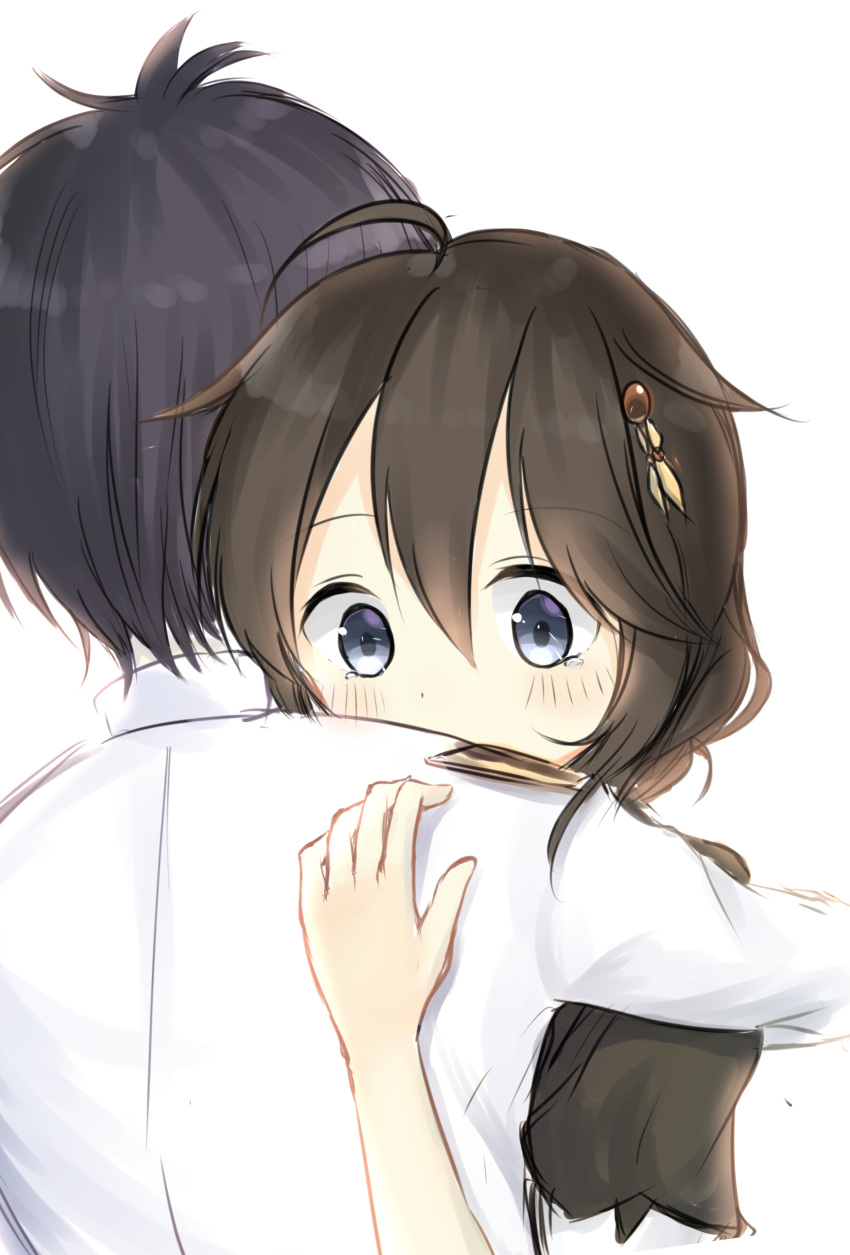 1boy 1girl absurdres ahoge bangs black_hair blue_eyes blush brown_hair couple eyebrows_visible_through_hair hair_between_eyes hair_flaps hair_ornament hairpin hetero highres hug kantai_collection long_hair looking_at_viewer military military_uniform naval_uniform remodel_(kantai_collection) shigure_(kantai_collection) short_sleeves tareme uniform upper_body uzuki_tsukuyo wide-eyed