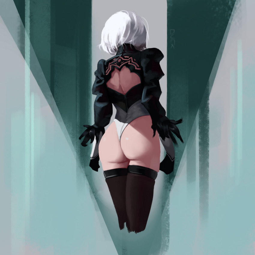 1girl ass black_gloves black_shirt commentary cowboy_shot cropped_legs dd-duck english_commentary facing_away from_behind gloves highres juliet_sleeves leotard long_sleeves nier_(series) nier_automata puffy_sleeves shirt short_hair solo standing thigh-highs thong_leotard white_hair white_leotard yorha_no._2_type_b
