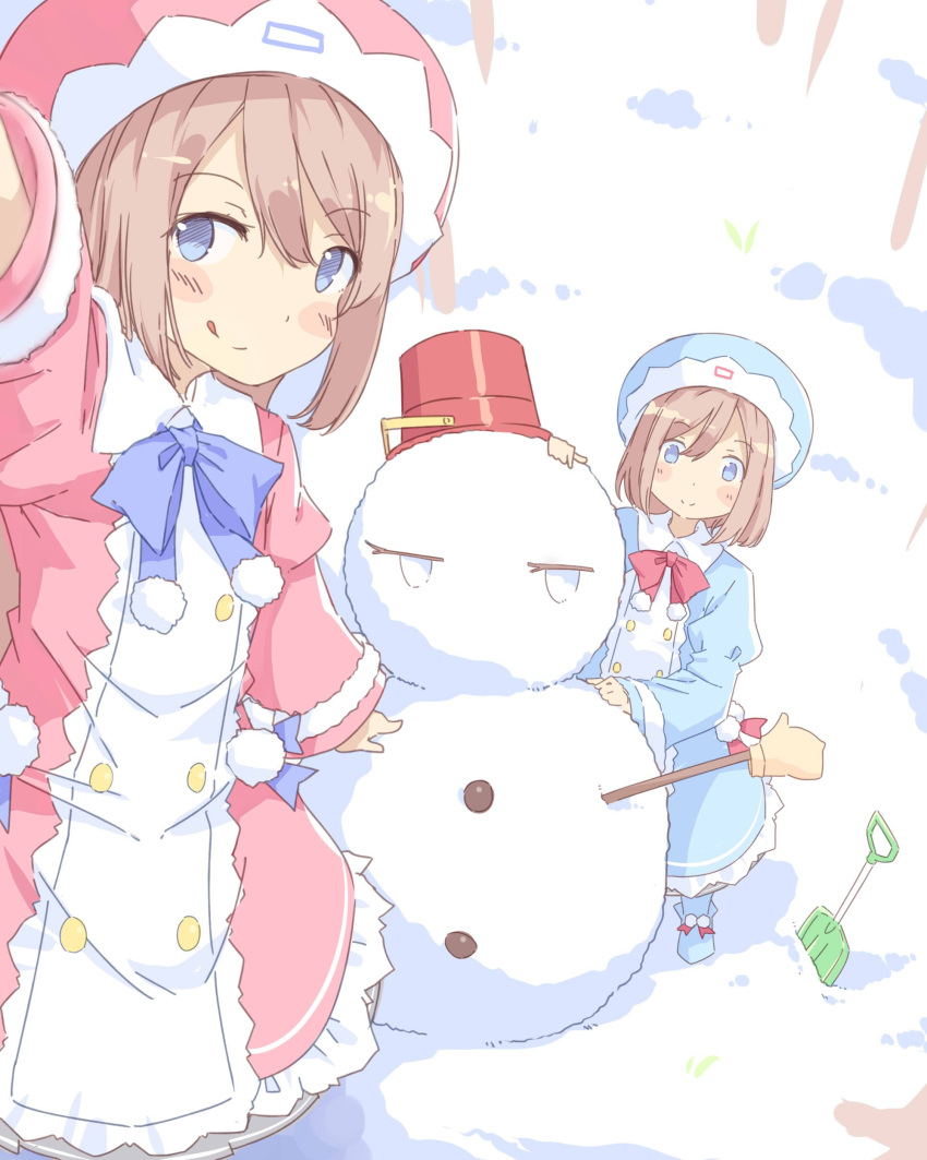 2girls absurdres blue_eyes blush brown_hair dress hat highres looking_at_viewer multiple_girls neptune_(series) normaland ram_(choujigen_game_neptune) rom_(choujigen_game_neptune) short_hair siblings sisters smile snow snowman twins