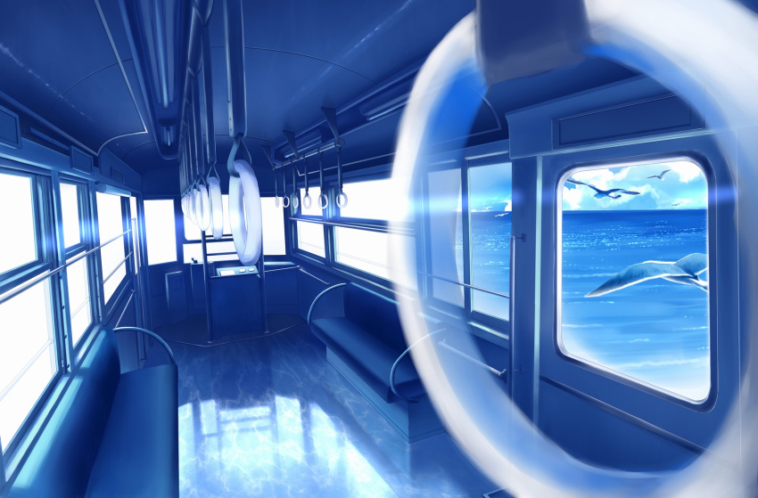 bird blue clouds commentary ground_vehicle highres horizon no_humans ocean original perspective reflection scenery seagull see-through sunlight train train_interior water