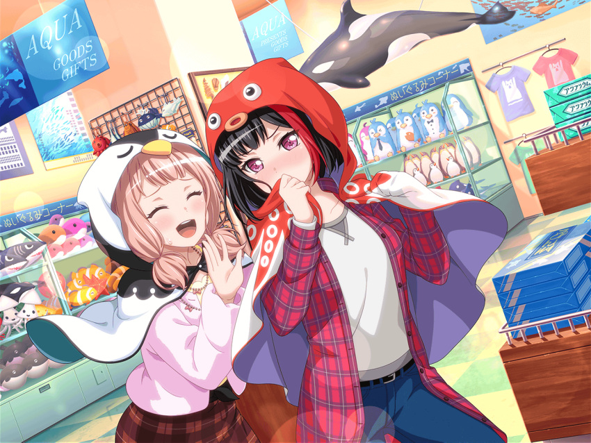 2girls animal_hood bang_dream! black_hair blush closed_mouth covered_mouth dress embarrassed fish green_eyes hoodie mitake_ran official_art open_mouth plush shop short_hair stuffed_animal uehara_himari