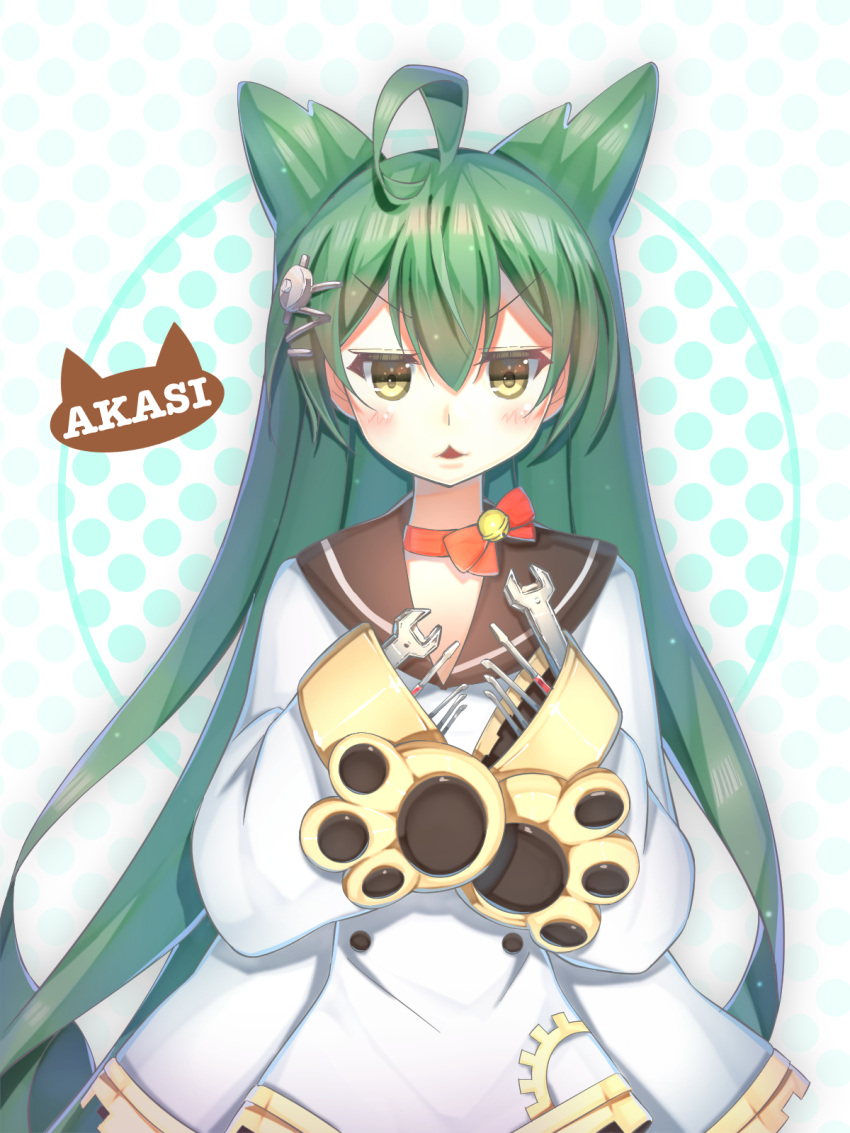 1girl :3 ahoge akashi_(azur_lane) animal_ears azur_lane bell bell_choker bow_choker cat_ears choker green_hair hair_ornament hairpin highres long_hair looking_at_viewer mole mole_under_eye parted_lips ribbon_choker screwdriver simple_background sleeves_past_wrists solo wrench yamanokami_eaka yellow_eyes