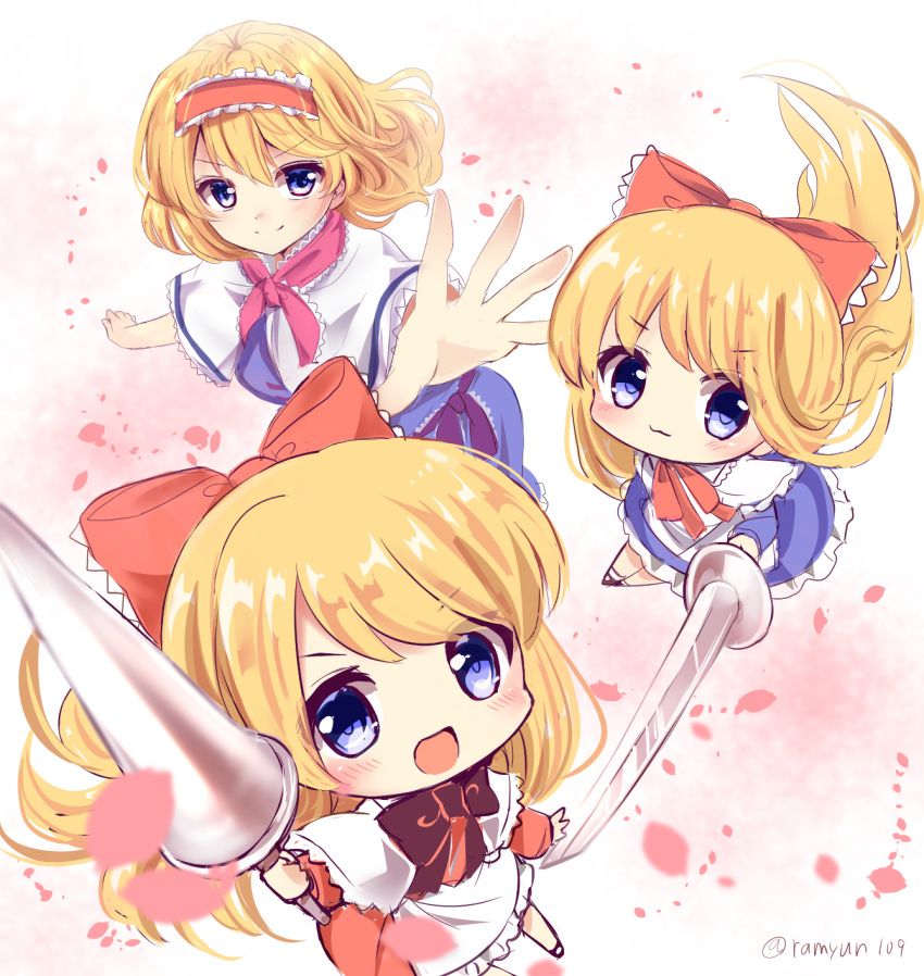 &gt;:) 3girls :d alice_margatroid apron artist_name black_footwear blonde_hair blue_dress blue_eyes bow capelet chibi commentary_request dress eyebrows_visible_through_hair foreshortening frilled_apron frills hair_bow hairband highres holding holding_lance holding_weapon lance lolita_hairband long_hair mary_janes multiple_girls no_nose open_mouth petals petticoat pink_background polearm ramudia_(lamyun) red_bow red_dress red_hairband red_neckwear shanghai_doll shoes short_hair smile socks touhou twitter_username v-shaped_eyebrows weapon white_apron white_background white_capelet white_legwear