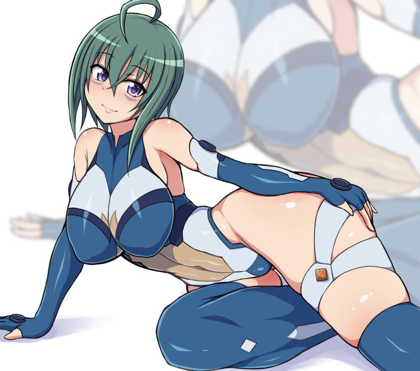 1girl ahoge bangs bare_shoulders blue_leotard blush breasts closed_mouth commentary_request covered_navel elbow_gloves eyebrows_visible_through_hair facial_mark gloves gluteal_fold green_hair hair_between_eyes highres kannagi_itsuki large_breasts leotard looking_at_viewer lying on_side ponpo shiny shiny_clothes shiny_hair shiny_skin short_hair solo sora_wo_kakeru_shoujo thigh-highs violet_eyes white_background zoom_layer
