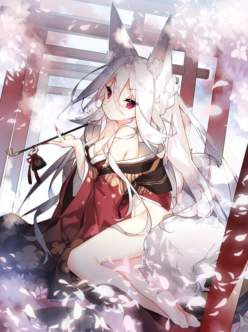 1girl animal_ears bare_legs bare_shoulders barefoot braid breasts cherry_blossoms cleavage fingernails fox_ears hair_between_eyes highres japanese_clothes kimono long_fingernails long_hair looking_at_viewer medium_breasts nail_polish no_panties off_shoulder outdoors petals pipe red_nails saru shadowverse short_kimono slit_pupils solo tail tsurime very_long_hair violet_eyes white_hair wide_sleeves