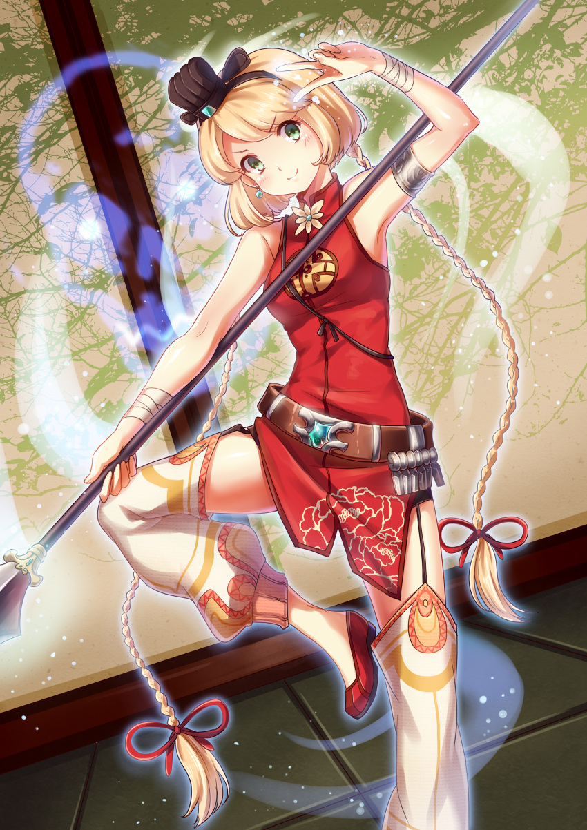 1girl absurdres armlet armpits asymmetrical_hair bandage belt black_hairband blonde_hair china_dress chinese_clothes dress dutch_angle earrings eyebrows_visible_through_hair garter_straps green_eyes hair_ornament hairband highres holding holding_weapon indoors jewelry leg_warmers looking_at_viewer mikuni_romance one_leg_raised polearm red_dress red_footwear sangoku_romance shoes short_dress short_hair sleeveless sleeveless_dress smile solo spear stance standing standing_on_one_leg v weapon
