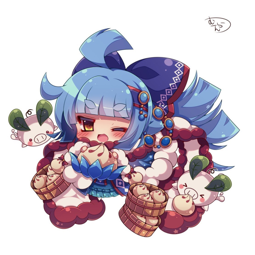 1girl ;d ahoge animal bangs baozi blue_bow blue_cloak blue_dress blue_hair blunt_bangs blush bow brown_eyes chibi cloak commentary_request dress eyebrows_visible_through_hair food fur-trimmed_cloak fur_trim hair_bow hair_ornament holding holding_food leaf long_hair looking_at_viewer muuran one_eye_closed open_mouth pig rocca_(shironeko_project) rope shironeko_project sidelocks simple_background smile solo thick_eyebrows very_long_hair white_background