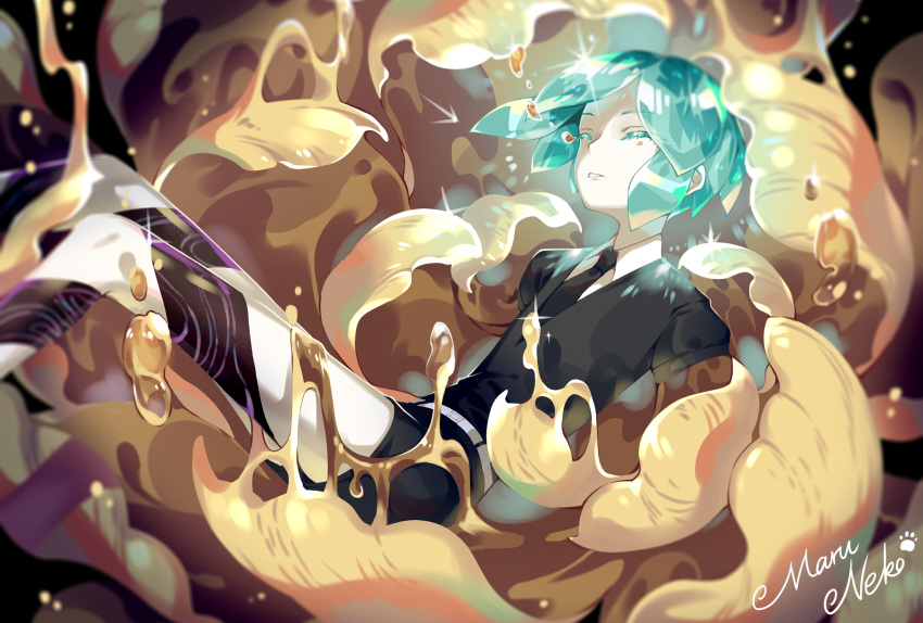 1other androgynous black_neckwear commentary_request ears_visible_through_hair green_eyes green_hair highres houseki_no_kuni looking_at_viewer maruneko phosphophyllite shirt short_hair short_sleeves solo striped striped_legwear