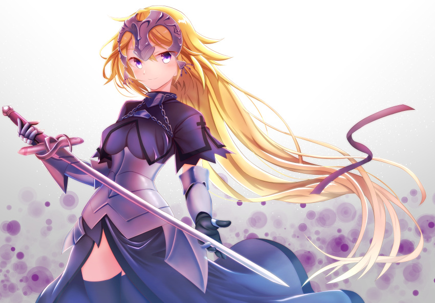 1girl absurdres armor armored_dress black_dress black_legwear blonde_hair chains cowboy_shot dress fate/apocrypha fate_(series) floating_hair gauntlets gradient gradient_background hair_ribbon highres holding holding_sword holding_weapon jeanne_d'arc_(fate) jeanne_d'arc_(fate)_(all) long_hair purple_ribbon ribbon solo standing sword thigh-highs very_long_hair violet_eyes weapon yuu_ms1974