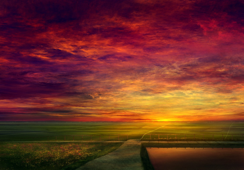 clouds cloudy_sky commentary_request fence field highres horizon mks no_humans original outdoors overcast red_sky scenery sky sunset