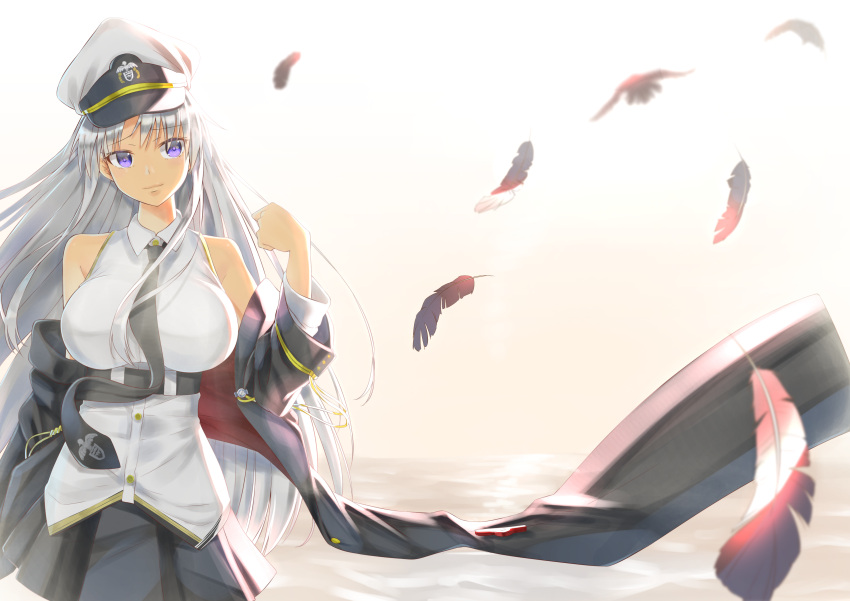 1girl absurdres azur_lane blurry coat commentary_request depth_of_field enterprise_(azur_lane) feathers hat highres long_hair looking_at_viewer necktie peaked_cap pleated_skirt silver_hair simple_background skirt smile solo violet_eyes wind yamanokami_eaka