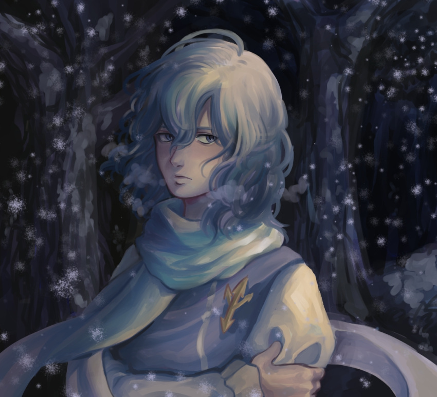 1girl ahoge arm_holding blue_eyes blue_hair breath crossed_arms expressionless forest hair_between_eyes letty_whiterock long_sleeves looking_at_viewer medium_hair nature no_headwear outdoors pin samuhiro_(affairshero85) scarf snowing solo touhou upper_body wind