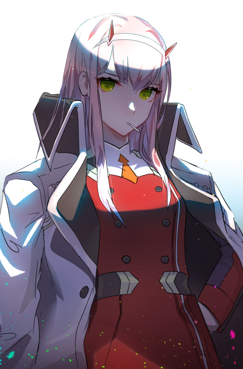 1girl allos breasts candy darling_in_the_franxx food green_eyes hair_between_eyes hairband hands_on_hips highres horns in_mouth jacket_on_shoulders lollipop looking_at_viewer medium_breasts military military_uniform orange_neckwear pink_hair red_horns solo straight_hair uniform white_hairband zero_two_(darling_in_the_franxx)