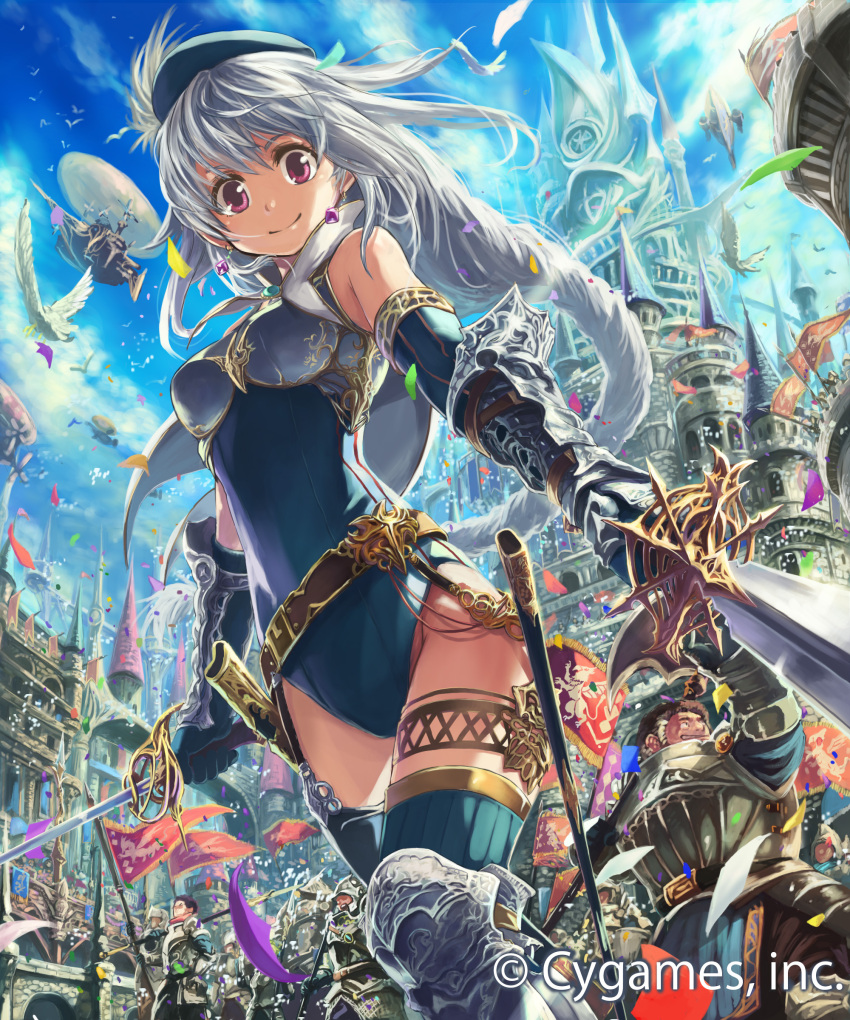 1girl absurdres armored_boots black_leotard blue_gloves blue_legwear blue_sky boobplate boots braid breastplate clouds day dual_wielding earrings elbow_gloves floating_hair from_below gauntlets gloves highres holding holding_sword holding_weapon igarashi_youhei jewelry leotard long_hair looking_at_viewer outdoors red_eyes shingeki_no_bahamut silver_hair sky smile solo_focus sword thigh-highs thigh_strap very_long_hair weapon