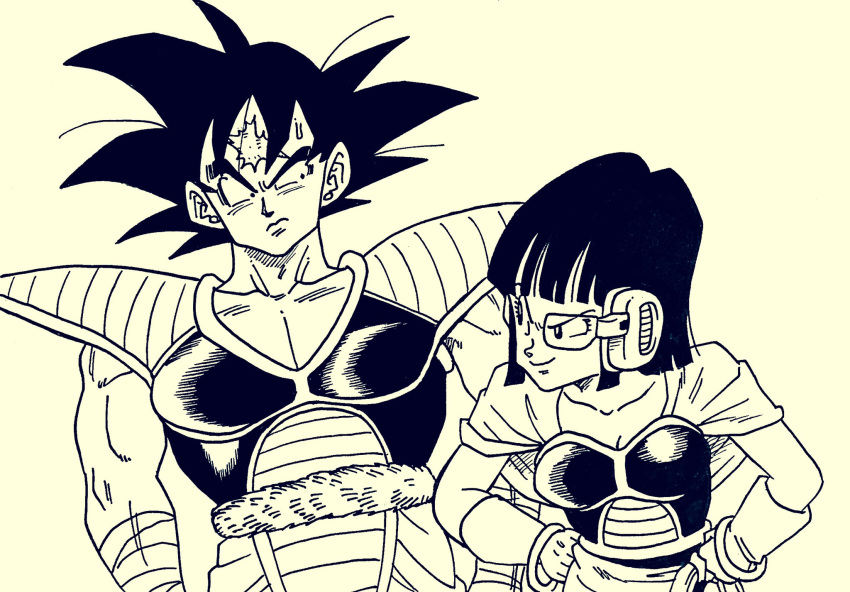 1boy 1girl adapted_costume alternate_hair_length alternate_hairstyle armor bangs breasts capelet chi-chi_(dragon_ball) cleavage collarbone commentary_request dragon_ball dragonball_z frown hands_on_hips highres ink_(medium) lee_(dragon_garou) medium_breasts monochrome muscle scar scouter shoulder_pads smile son_gokuu sweatdrop traditional_media wrist_cuffs
