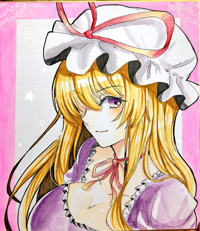 1girl blonde_hair breasts cleavage closed_mouth commentary_request dress eyebrows_visible_through_hair hair_over_one_eye hat hat_ribbon highres large_breasts long_hair looking_at_viewer mob_cap neck_ribbon one_eye_covered photo puffy_sleeves purple_dress red_neckwear red_ribbon ribbon scan smile solo tanaji touhou traditional_media upper_body violet_eyes white_hat yakumo_yukari