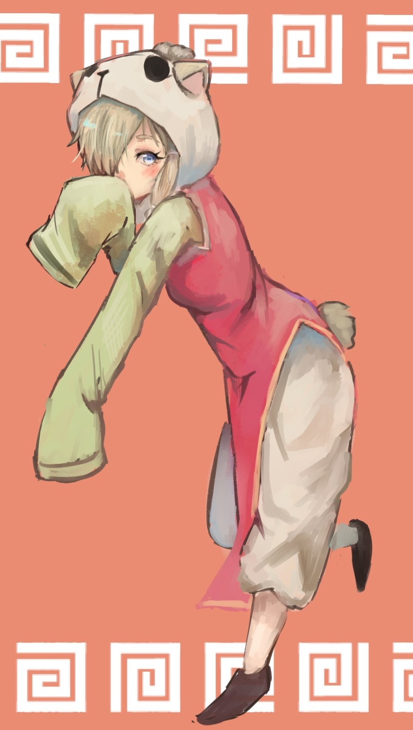 1girl alpaca_ears alpaca_suri_(kemono_friends) alpaca_tail alternate_costume blonde_hair blue_eyes blush china_dress chinese_clothes dress ears_through_headwear full_body hair_over_one_eye hand_to_own_mouth highres hood horizontal_pupils kajitsu_ohima kemono_friends leaning_forward long_sleeves looking_at_viewer pants pants_under_dress shoes side_slit simple_background sleeves_past_fingers solo standing standing_on_one_leg