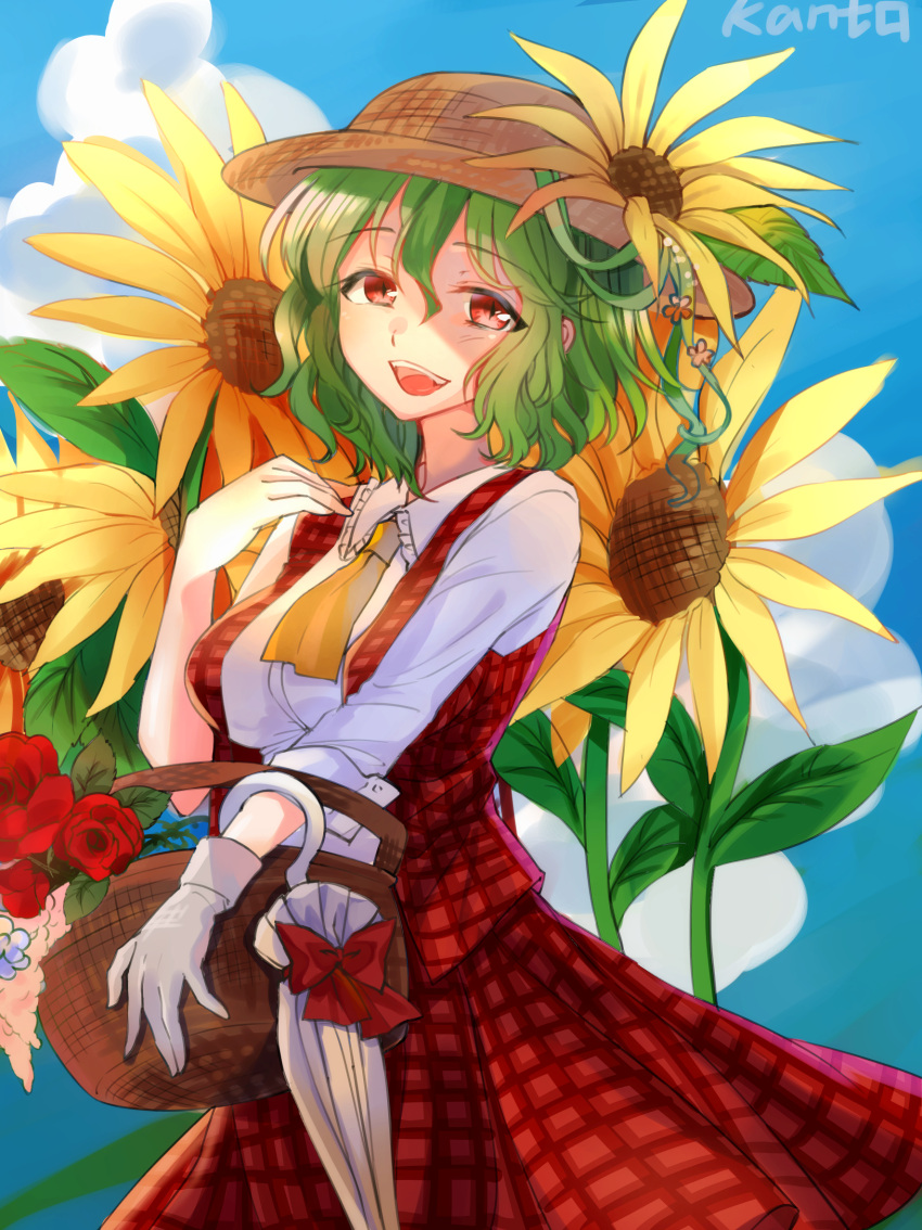 1girl :d arm_up artist_name basket blue_sky breasts closed_umbrella clouds cowboy_shot cravat day eyebrows_visible_through_hair flower gloves green_hair hair_between_eyes hair_flower hair_ornament hat highres kanta_(pixiv9296614) kazami_yuuka long_sleeves looking_at_viewer medium_breasts open_clothes open_mouth open_vest outdoors plaid plaid_skirt plaid_vest red_eyes red_flower red_rose rose shirt short_hair skirt sky smile solo standing straw_hat sunflower sunflower_hair_ornament touhou umbrella upper_teeth vest white_gloves white_shirt yellow_neckwear