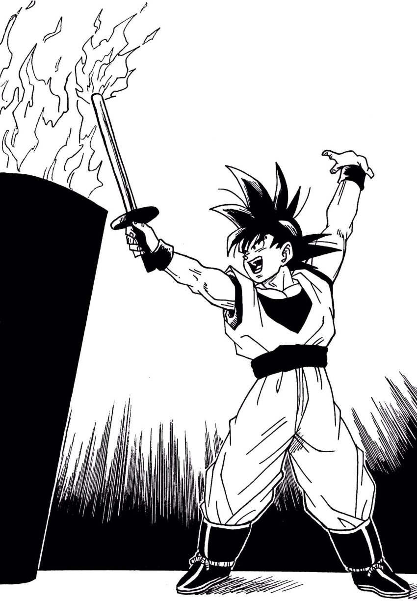 1boy arms_up boots commentary_request dougi dragon_ball dragonball_z fire full_body highres ink_(medium) lee_(dragon_garou) male_focus monochrome muscle olympics open_hand open_mouth smile solo son_gokuu torch traditional_media wristband