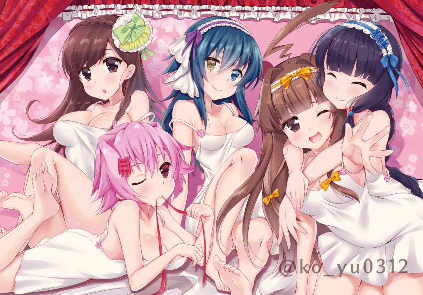 5girls ahoge alternate_costume barefoot black_hair blue_eyes braid breasts brown_eyes brown_hair closed_eyes collarbone fang green_hair hair_between_eyes heterochromia highres huge_ahoge kantai_collection kiso_(kantai_collection) kitakami_(kantai_collection) ko_yu kuma_(kantai_collection) large_breasts long_hair medium_breasts multiple_girls one_eye_closed ooi_(kantai_collection) open_mouth pink_hair red_eyes short_hair single_braid smile tama_(kantai_collection) twitter_username yellow_eyes