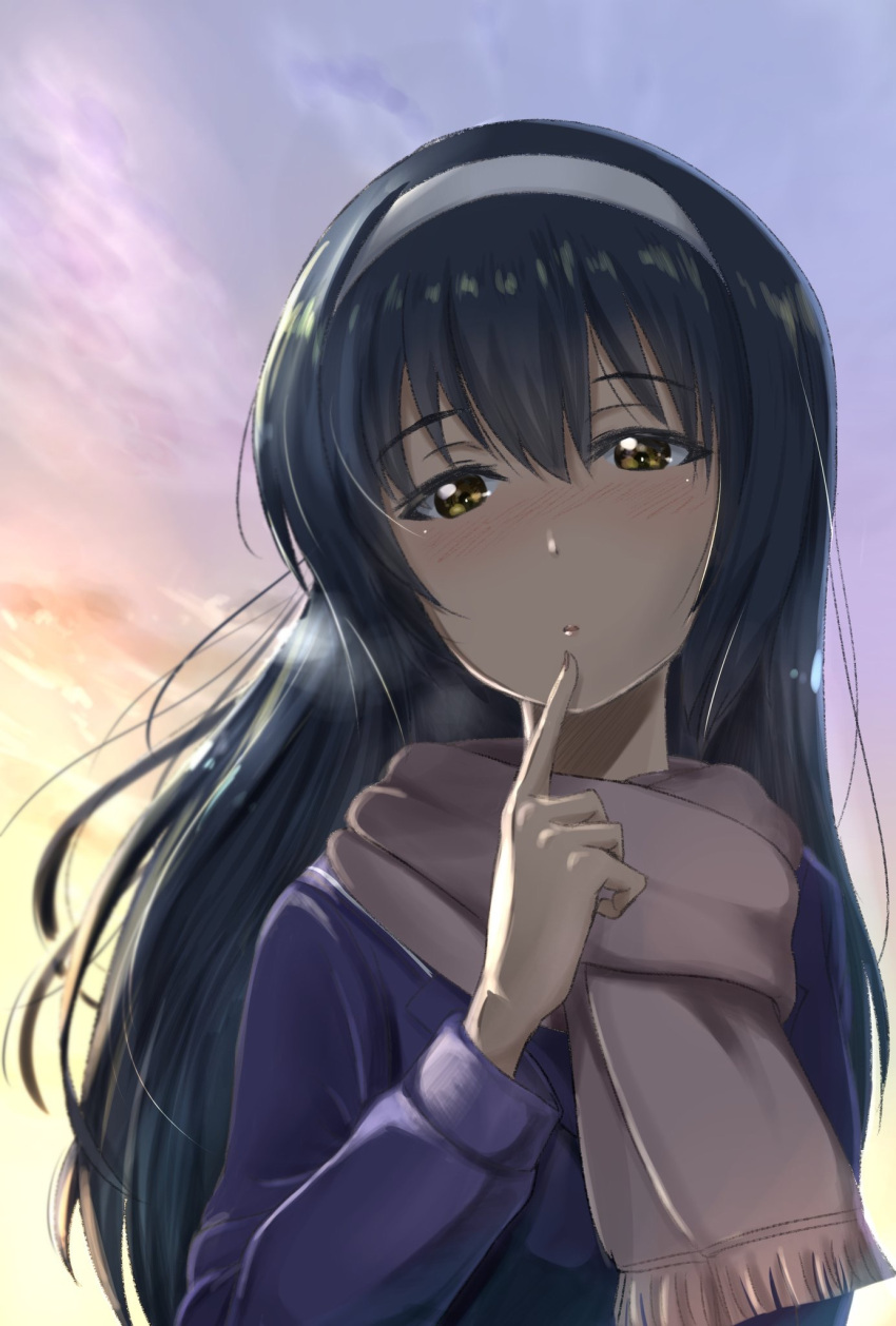 1girl ankoku_kishi_m bangs black_hair blue_coat breath brown_eyes clouds cloudy_sky coat commentary eyebrows_visible_through_hair finger_to_mouth girls_und_panzer hairband highres long_hair long_sleeves looking_at_viewer ooarai_school_uniform outdoors parted_lips pink_scarf reizei_mako sailor_collar scarf school_uniform sky solo standing twilight upper_body white_hairband winter_uniform