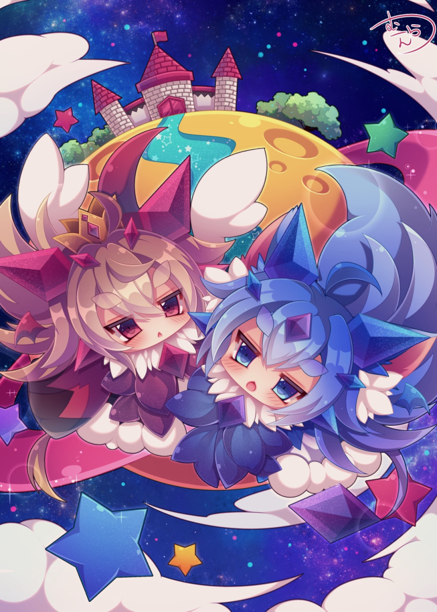 2girls bangs blue_dress blue_eyes blue_hair brown_dress brown_eyes brown_hair castle chibi clouds commentary_request crown detached_wings dress eyebrows_visible_through_hair fur-trimmed_dress fur_trim hair_between_eyes hair_ornament highres long_hair mini_crown multiple_girls muuran night night_sky original planet planetary_ring red_wings short_eyebrows signature sky star star_(sky) starry_sky thick_eyebrows very_long_hair water wings