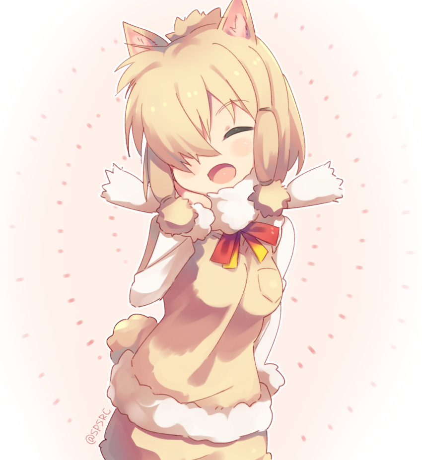 1girl :d alpaca_ears alpaca_suri_(kemono_friends) animal_ears blonde_hair closed_eyes commentary cowboy_shot fur_collar fur_trim hair_over_one_eye hand_on_own_cheek highres kemono_friends long_sleeves open_mouth short_hair smile solo tail takashiru twitter_username