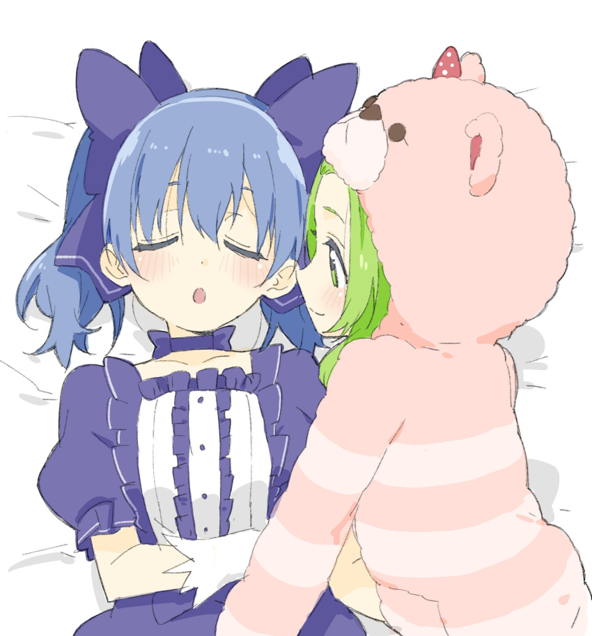 2girls absurdres animal_hood blue_hair blush bow closed_eyes copyright_request donguri_suzume dot_nose dress gloves green_eyes green_hair hair_bow highres hood lying multiple_girls on_back parted_lips puffy_short_sleeves puffy_sleeves purple_bow purple_dress short_sleeves sleeping smile twintails white_gloves