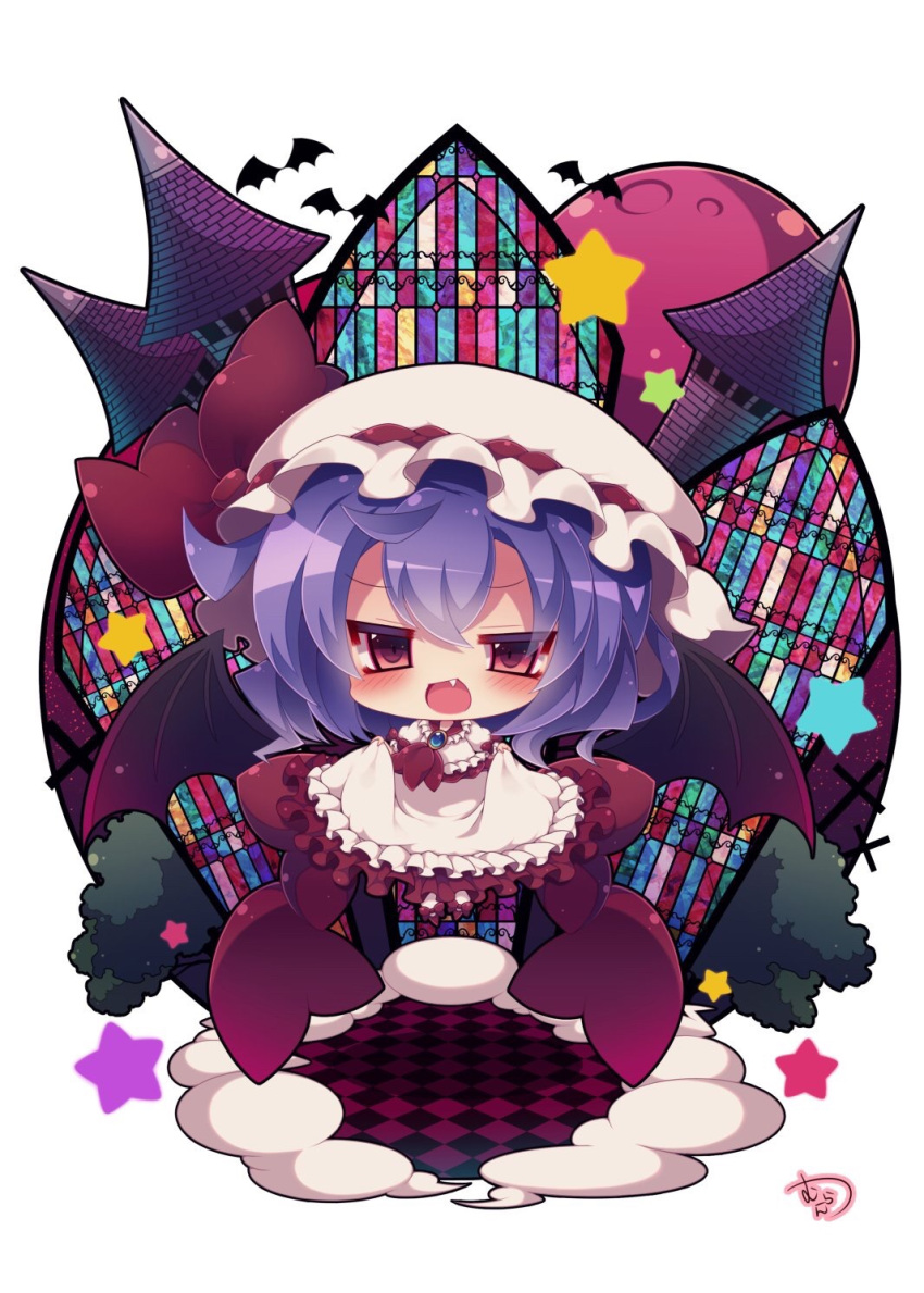 1girl :d bangs bat bat_wings black_wings blush bow brown_eyes checkered checkered_floor chibi commentary_request eyebrows_visible_through_hair fang frilled_skirt frills gradient gradient_wings hair_between_eyes hat hat_bow highres latin_cross looking_at_viewer mob_cap moon multicolored multicolored_wings muuran open_mouth pantyhose puffy_short_sleeves puffy_sleeves purple_hair purple_wings red_bow red_footwear red_moon remilia_scarlet shirt short_sleeves signature skirt skirt_hold skirt_set smile solo stained_glass star touhou tower white_background white_hat white_legwear white_shirt white_skirt wings