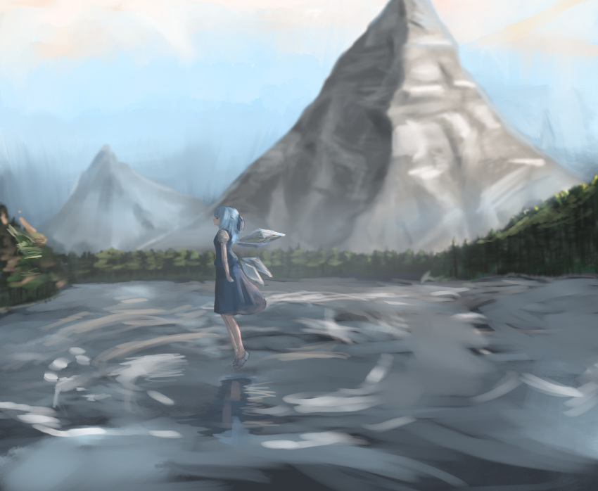 1girl absurdres arm_at_side blue_dress blue_footwear blue_hair blue_sky blurry cirno day depth_of_field dress flying forest from_side full_body highres lake looking_to_the_side looking_up mountain nature outdoors profile puffy_short_sleeves puffy_sleeves ripples scenery shinkopeishon short_hair short_sleeves sky smile solo touhou wings