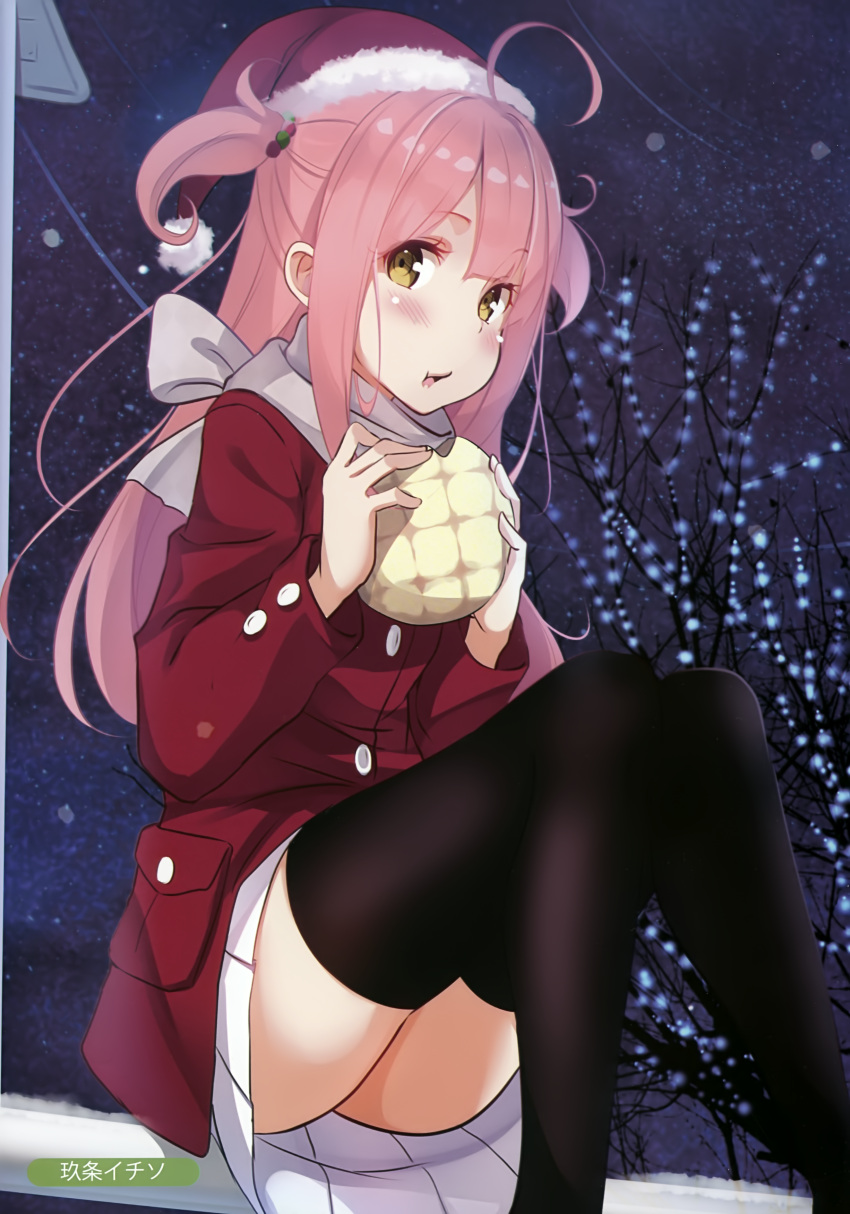 1girl absurdres ahoge artist_name black_legwear blush bread brown_eyes coat eating eyebrows_visible_through_hair food fur_trim grey_scarf hair_between_eyes hair_ornament hat highres kujou_ichiso long_hair looking_at_viewer melon_bread miniskirt original outdoors pink_hair pleated_skirt red_coat red_hat santa_hat sitting skirt sky solo star_(sky) starry_sky thigh-highs two_side_up white_skirt