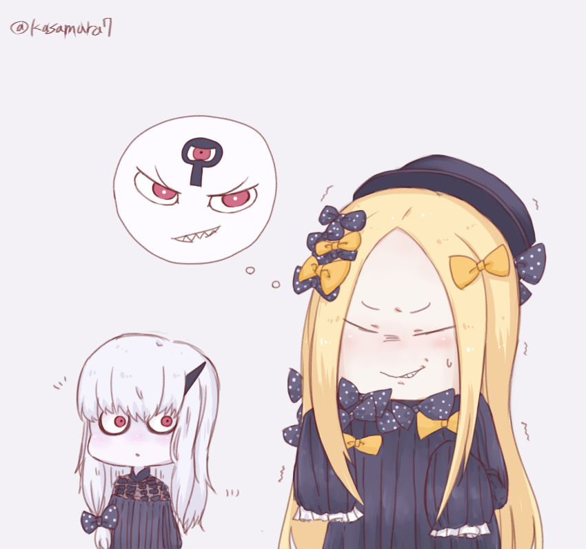 2girls :o abigail_williams_(fate/grand_order) bags_under_eyes bangs black_bow black_dress black_hat blonde_hair blush bow closed_mouth dress facing_viewer fate/grand_order fate_(series) grey_background grin hair_between_eyes hair_bow hat highres imagining lavinia_whateley_(fate/grand_order) long_hair long_sleeves looking_at_another looking_to_the_side multiple_girls nega-tive_otoko orange_bow parted_bangs parted_lips polka_dot polka_dot_bow red_eyes sharp_teeth silver_hair simple_background sleeves_past_fingers sleeves_past_wrists smile sweat teeth trembling twitter_username v-shaped_eyebrows very_long_hair