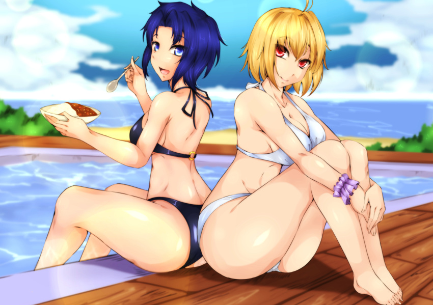 2girls :d ahoge arcueid_brunestud ass back back-to-back barefoot bikini blonde_hair blue_eyes blue_hair blue_sky blurry breasts byakkun_(byakkun8181) ciel curry curry_rice depth_of_field eating food highres knees_up leg_hug legs_together looking_back medium_breasts multiple_girls o-ring o-ring_bikini o-ring_top open_mouth outdoors pool poolside red_eyes rice short_hair sidelocks sitting sky smile swimsuit tsukihime under_boob water wristband