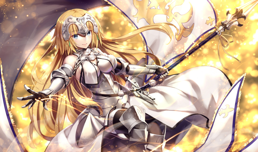 1girl armor armored_dress bangs banner bare_shoulders black_gloves black_legwear blonde_hair blue_eyes blurry blurry_background blush breasts chains cleavage cleavage_cutout closed_mouth collarbone commentary_request dress elbow_gloves elbow_pads eyebrows_visible_through_hair fate/grand_order fate_(series) faulds floating_hair fur-trimmed_gloves fur-trimmed_legwear fur_trim gabiran gauntlets gloves greaves headpiece holding holding_spear holding_weapon jeanne_d'arc_(fate) jeanne_d'arc_(fate)_(all) lens_flare light_particles light_trail long_dress long_hair looking_at_viewer medium_breasts one_leg_raised orange_background orange_ribbon outstretched_arm plackart polearm ribbon sheath sheathed shiny shiny_hair smile solo spear standard_bearer sword thigh-highs underbust very_long_hair weapon white_dress wind yellow_background