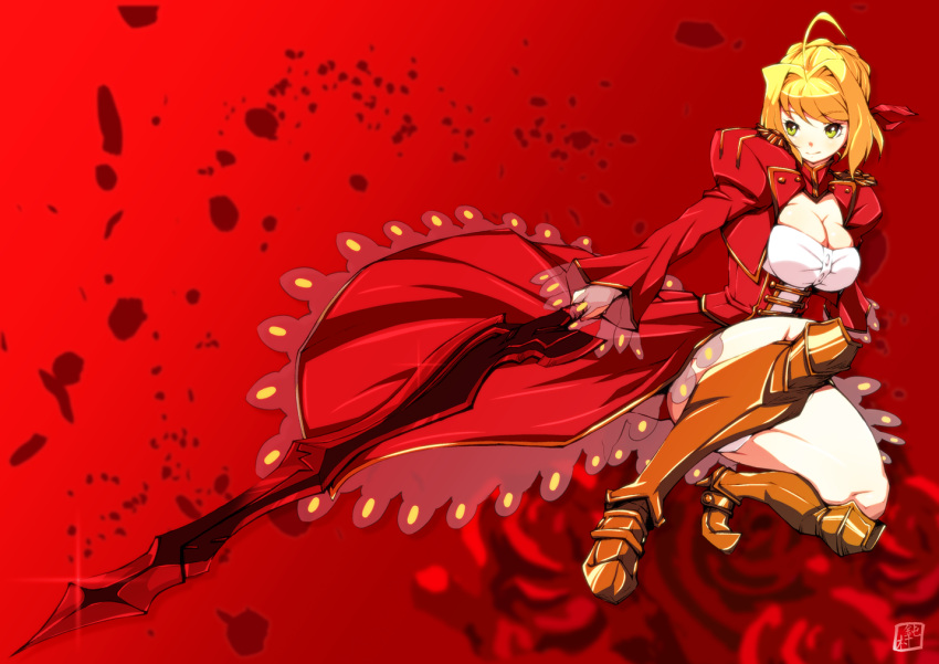 1girl ahoge blonde_hair breasts cleavage donson dress epaulettes fate/extra fate_(series) green_eyes juliet_sleeves large_breasts long_sleeves nero_claudius_(fate) nero_claudius_(fate)_(all) puffy_sleeves red_background red_dress solo sword weapon