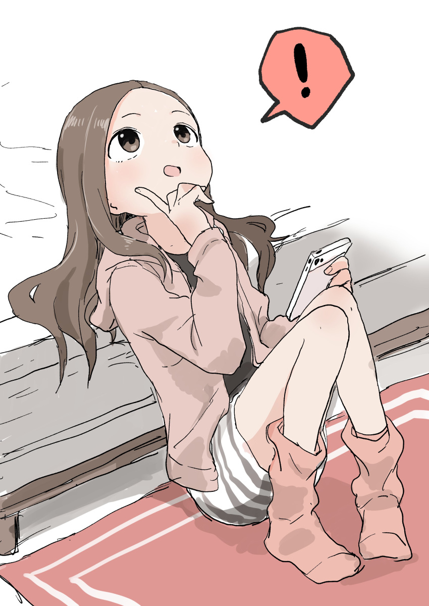 ! 1girl :d absurdres bangs bed black_footwear brown_eyes brown_hair carpet cellphone commentary_request fingernails highres holding holding_cellphone holding_phone hood hood_down index_finger_raised indoors karakai_jouzu_no_takagi-san looking_up open_mouth parted_bangs phone pink_legwear sitting smartphone smile socks solo spoken_exclamation_mark takagi-san yamamoto_souichirou