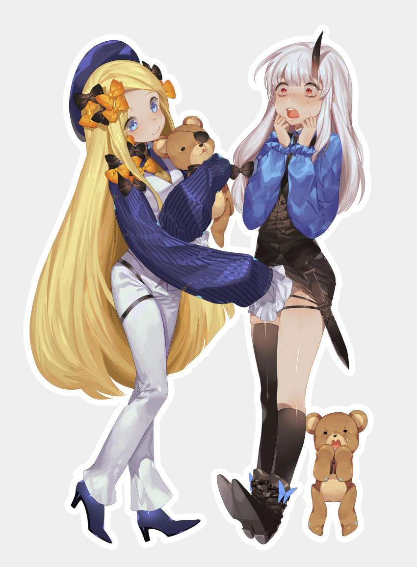 2girls :3 abigail_williams_(fate/grand_order) alternate_costume asymmetrical_legwear bangs beret black_bow black_footwear black_legwear black_skirt black_vest blonde_hair blue_eyes blue_footwear blue_hat blue_shirt blush boots bow closed_mouth commentary contrapposto eyepatch fate/grand_order fate_(series) grey_background hair_bow hands_up hat head_tilt high_heels highres holster horn joenny kneehighs knife knife_holster lavinia_whateley_(fate/grand_order) long_hair long_sleeves multiple_girls object_hug open_mouth orange_bow outline pants parted_bangs pencil_skirt red_eyes shirt silver_hair single_kneehigh single_thighhigh skirt sleeves_past_fingers sleeves_past_wrists standing striped striped_shirt stuffed_animal stuffed_toy sweat teddy_bear thigh-highs thigh_holster upper_teeth vertical-striped_shirt vertical_stripes very_long_hair vest white_outline white_pants white_vest wide-eyed