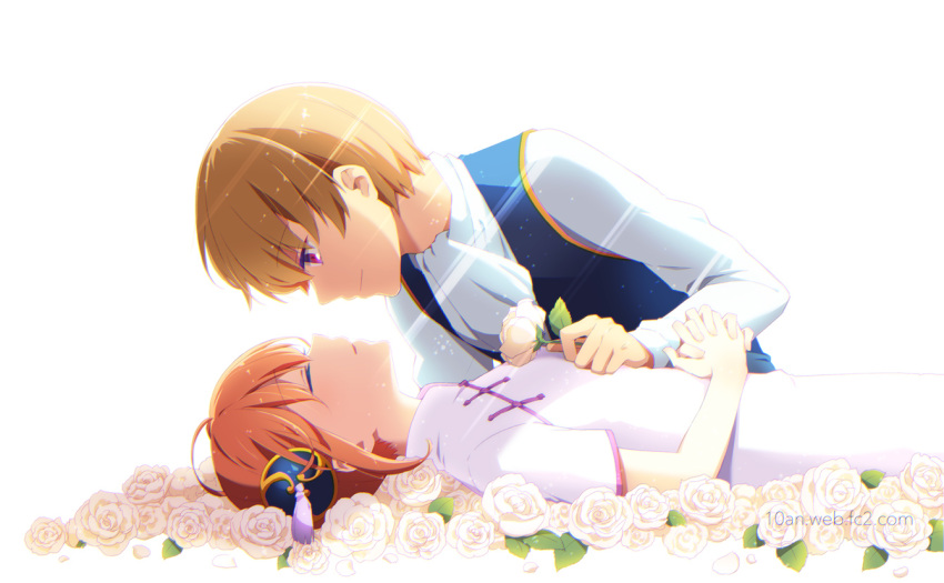 1boy 1girl a4_(drpnd) blonde_hair closed_eyes closed_mouth dress flower from_side gintama hand_on_another's_chest hands_clasped holding holding_flower kagura_(gintama) light_beam long_sleeves looking_at_another lying okita_sougo on_back orange_hair own_hands_together parted_lips petals rose shirt short_hair short_sleeves smile violet_eyes watermark web_address white_background white_flower white_rose white_shirt