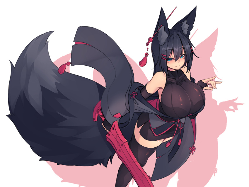 1girl animal_ears bare_shoulders black_gloves black_hair black_legwear blue_eyes blush breasts ear_piercing elbow_gloves eyebrows_visible_through_hair fingernails fox_ears fox_shadow_puppet fox_tail gloves hair_between_eyes hair_ornament hair_stick hairclip highres holding holding_sword holding_weapon huge_breasts japanese_clothes kiri_(sub-res) long_hair looking_at_viewer original piercing simple_background sleeveless smile solo standing sub-res sword tail thigh-highs weapon zettai_ryouiki
