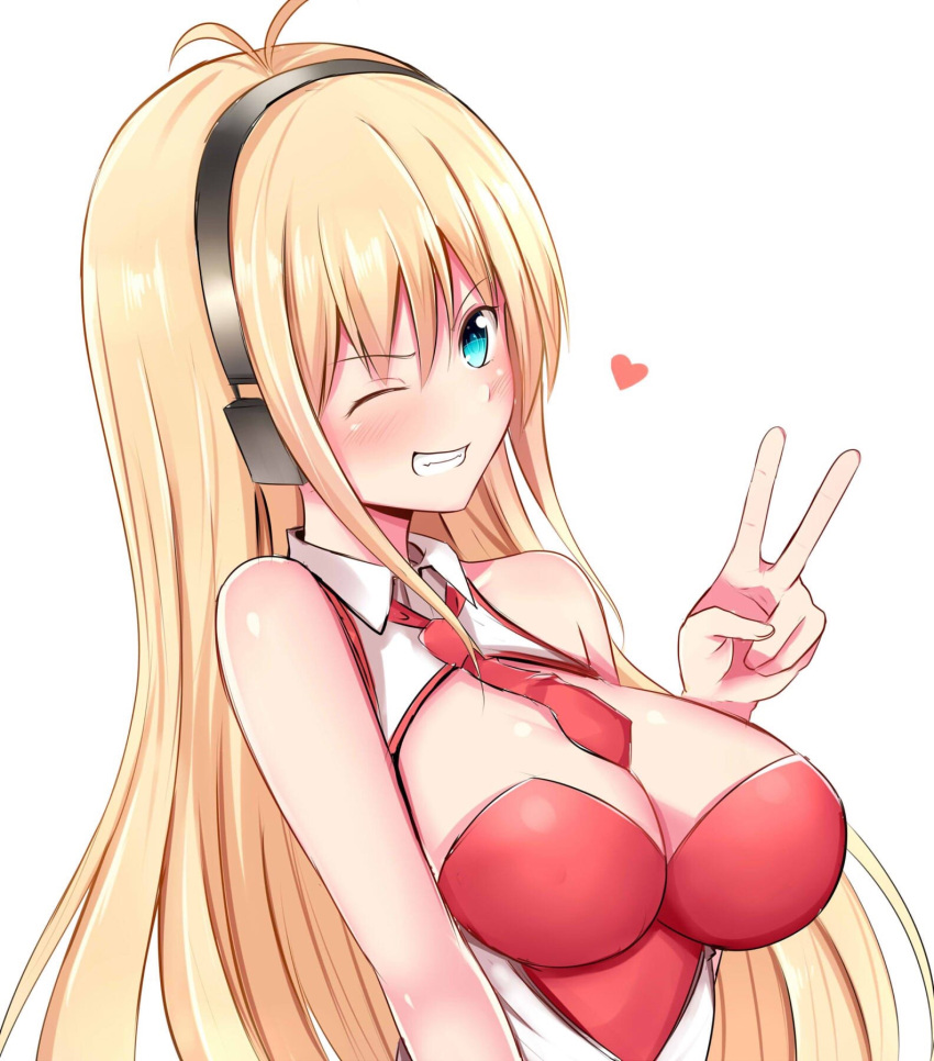 1girl ;d antenna_hair aqua_eyes bangs bare_shoulders baretto_(karasi07) black_hairband blonde_hair blush breasts cleavage cleavage_cutout grin hairband heart highres large_breasts long_hair looking_at_viewer necktie one_eye_closed open_mouth red_neckwear simple_background smile solo straight_hair teeth tsurumaki_maki upper_body v v-shaped_eyebrows very_long_hair voiceroid white_background wing_collar