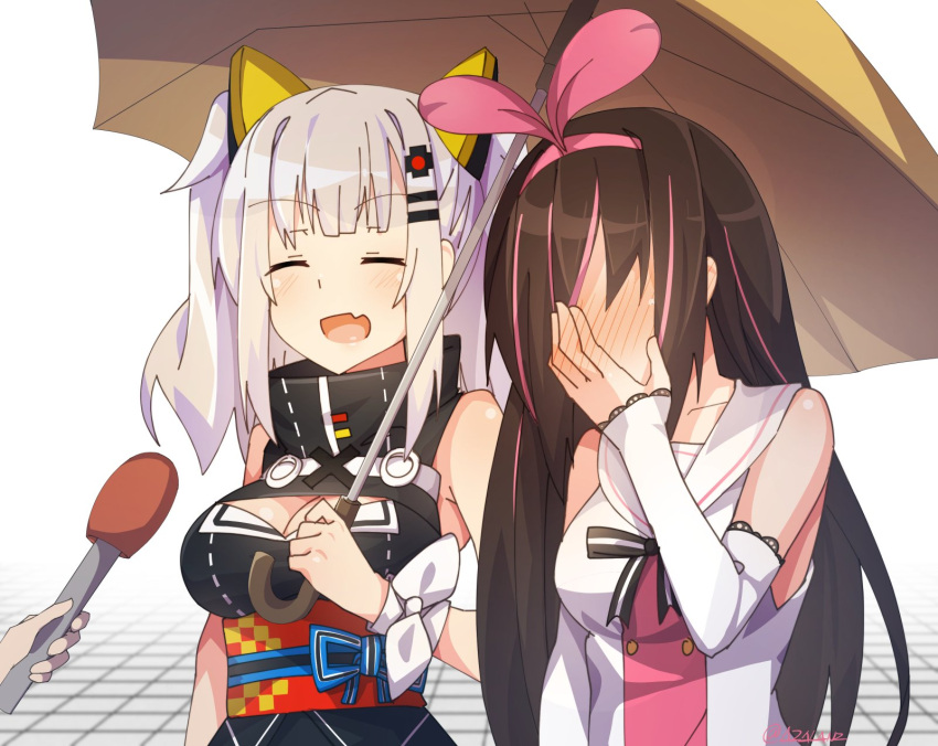 2girls :d a.i._channel bare_shoulders blush bow breasts cleavage cleavage_cutout closed_eyes detached_sleeves embarrassed eyebrows_visible_through_hair fang full-face_blush hair_bow hair_ornament hairband hairclip highres kaguya_luna kaguya_luna_(character) kizuna_ai large_breasts lavender_hair long_hair long_sleeves microphone multiple_girls obi open_mouth pink_bow sailor_collar sash school_uniform serafuku simple_background sleeves_past_wrists smile special_feeling_(meme) tilt-shift twintails umbrella white_background white_sailor_collar