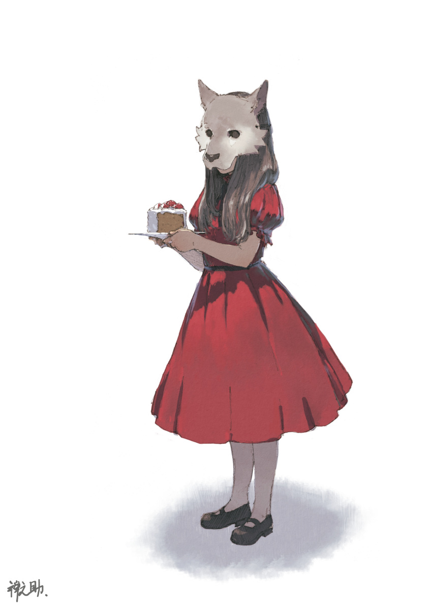 1girl absurdres black_footwear brown_hair cake commentary_request dress facing_viewer food highres holding long_hair mask original plate puffy_short_sleeves puffy_sleeves red_dress shoes short_sleeves signature simple_background solo standing white_background zennosuke