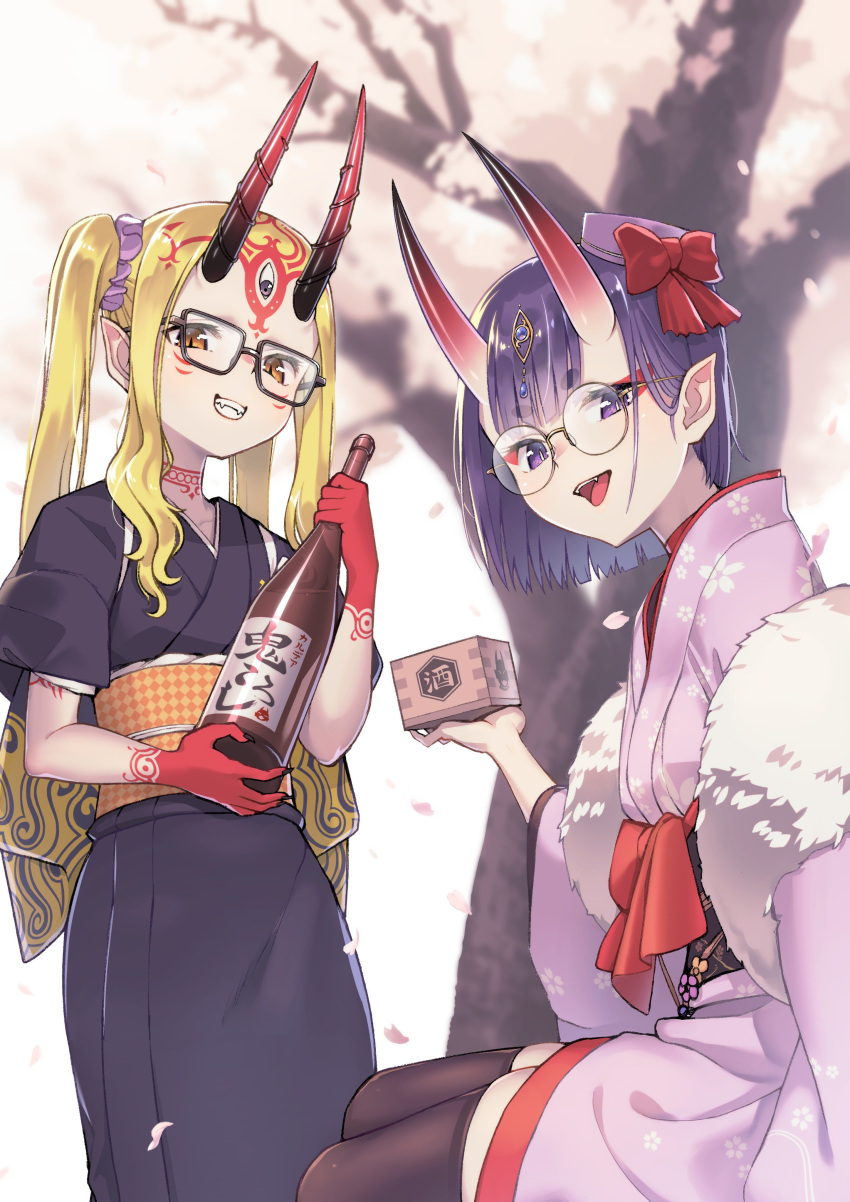2girls :d absurdres alcohol bangs bespectacled black-framed_eyewear black_kimono black_legwear blonde_hair bottle bow brown_eyes commentary_request eyebrows_visible_through_hair facial_mark fangs fate/grand_order fate_(series) floral_print fur_trim glasses grin hair_ornament hair_scrunchie hat highres holding holding_bottle horns ibaraki_douji_(fate/grand_order) japanese_clothes kimono long_hair long_sleeves looking_at_viewer masu mini_hat multiple_girls oni oni_horns open_mouth outdoors petals pink_hat pink_kimono pointy_ears print_kimono purple_hair purple_scrunchie red_bow round_eyewear sake sake_bottle saruchitan scrunchie short_hair short_kimono shuten_douji_(fate/grand_order) sidelocks sitting smile standing thick_eyebrows thigh-highs tree twintails violet_eyes wide_sleeves