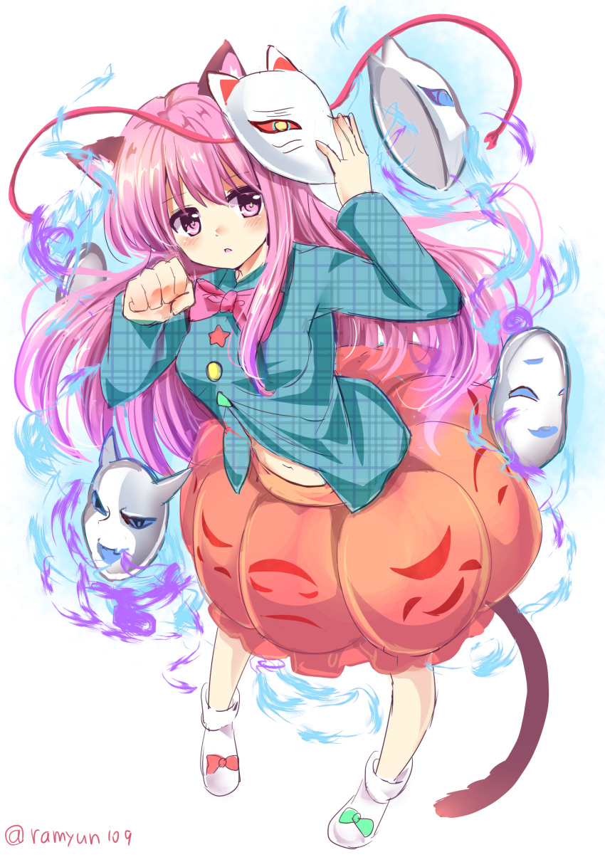 1girl animal_ears artist_name aura blue_shirt blush bow breasts cat_ears cat_tail commentary_request eyebrows_visible_through_hair full_body green_bow hands_up hata_no_kokoro head_tilt highres kemonomimi_mode leaning_forward long_hair long_sleeves mask medium_breasts navel neck_bow no_shoes orange_skirt parted_lips paw_pose pink_bow pink_eyes pink_hair pink_neckwear plaid plaid_shirt ramudia_(lamyun) red_bow shirt sidelocks signature simple_background skirt sock_bow socks solo standing star tail touhou white_background white_legwear