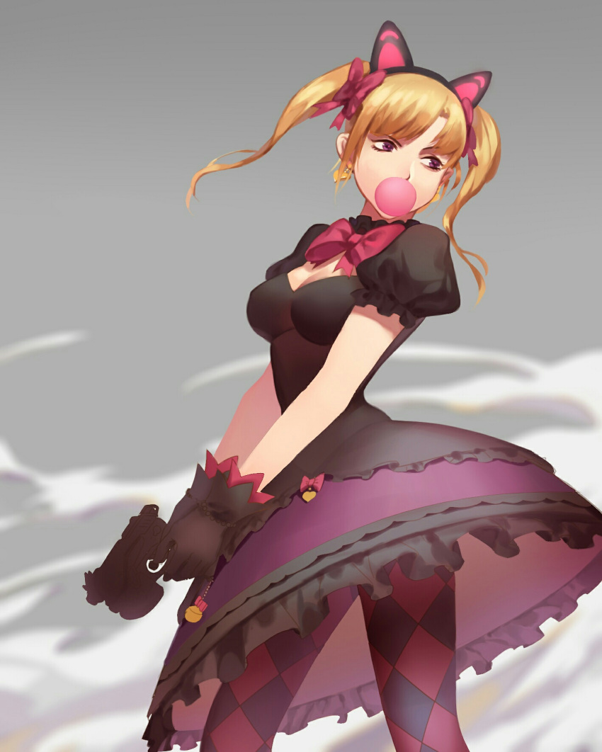 1girl alternate_costume animal_ears argyle argyle_legwear black_cat_d.va black_dress black_gloves blonde_hair bow bowtie breasts brown_eyes bubble_blowing cat_ears chewing_gum cleavage commentary_request cowboy_shot d.va_(overwatch) dress earrings frilled_skirt frills from_side gloves grey_background gun heart heart_earrings highres holding holding_gun holding_weapon jewelry lolita_fashion looking_at_viewer looking_to_the_side medium_breasts medium_skirt overwatch pantyhose pink_bow puffy_short_sleeves puffy_sleeves short_sleeves simple_background skirt smoke solo twintails weapon woaidnfhehe work_in_progress