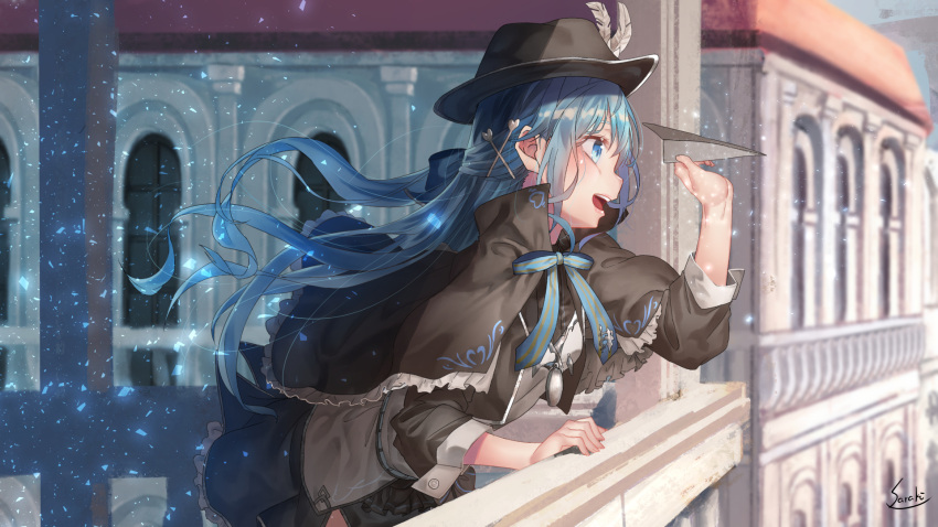 1girl :d arm_support balcony black_capelet black_hat black_jacket black_skirt blue_eyes blue_hair blush building capelet cropped_jacket day frilled_capelet frills from_side hair_ornament hat hat_feather highres jacket leaning_forward light_particles long_hair long_sleeves open_clothes open_jacket open_mouth original paper_airplane profile round_teeth saraki shirt signature skirt smile solo standing sunlight teeth white_shirt